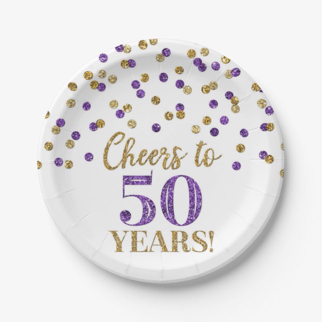 Assiettes En Carton Confetti violet doré, 50 ans d'anniversaire (Devant)