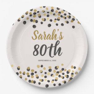 Assiettes En Carton Confettis Or Noir 80e Anniversaire 