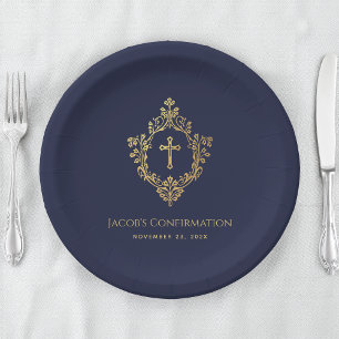 Assiettes En Carton Confirmation Garçon Marine Blue Faux Gold Cross Cr