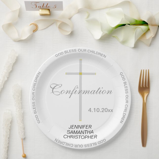 Assiettes En Carton Confirmation NOMS Triplet Croix Argent (Mariage)