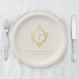 Assiettes En Carton Confirmation religieuse Faux Gold Cross Crest Ivor