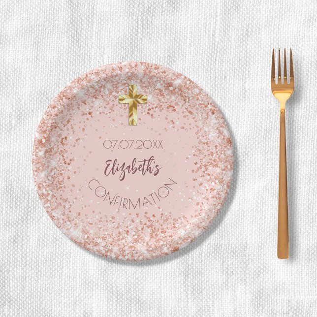 Assiettes En Carton Confirmation rose or confetti nom de fille (Créateur téléchargé)