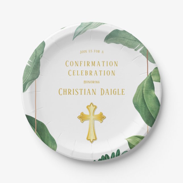 Assiettes En Carton Confirmation Trendy Green And Gold Cross (Devant)