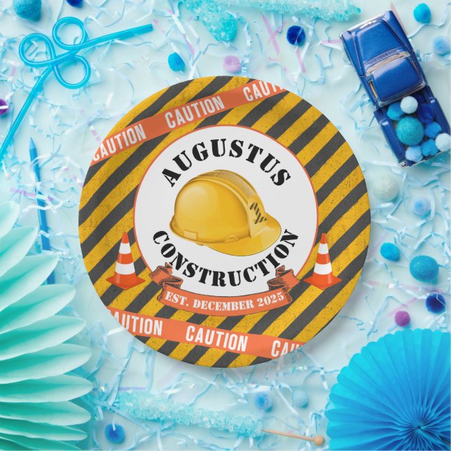 Assiettes En Carton Construction Casquette|Noir & Jaune 1er anniversai (Fête)