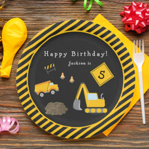 Assiettes En Carton Construction Joyeux Anniversaire - Nom et âge garç