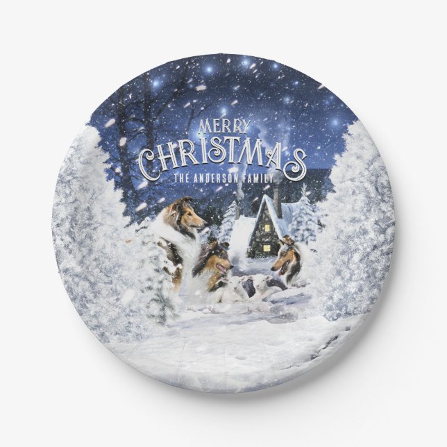 Assiettes En Carton Conte de fées d'hiver de Noël, collies et agneaux  (Devant)