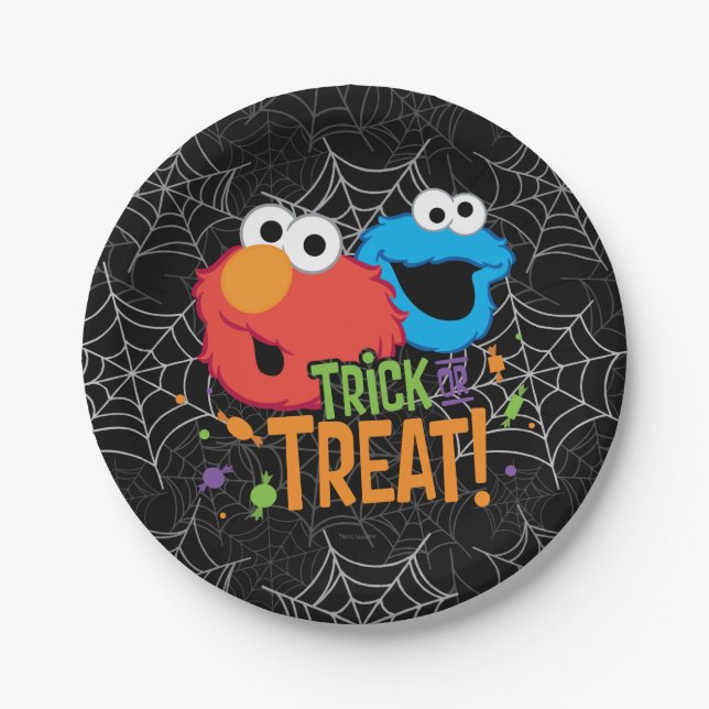 Assiettes En Carton Cookie Monster et Elmo - Tricoter ou traiter (Devant)