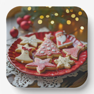 Assiettes En Carton Cookies de Noël sur une plaque rouge