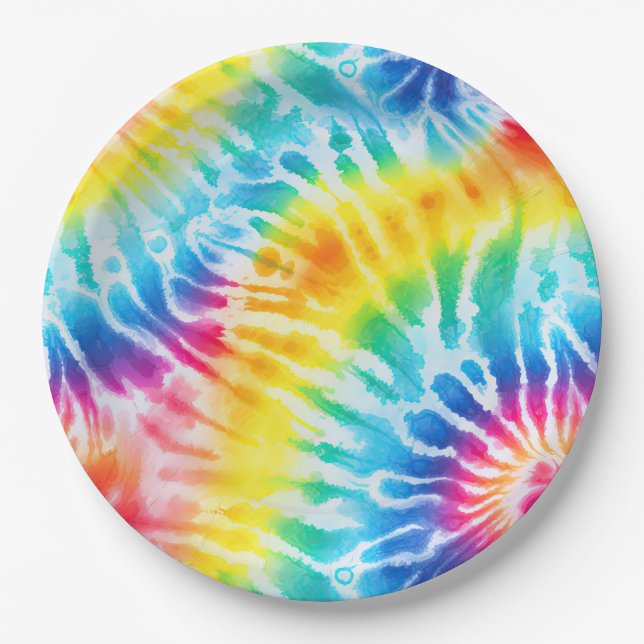 Assiettes En Carton Cool Aqua Rouge Bleu Jaune Orange Tie Dye (Devant)