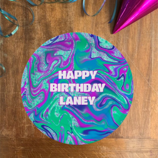 Assiettes En Carton Cool Custom Aqua Swirl Parties scintillant Fille f (Personalize with name vibrant teal purple swirl glitter happy birthday slime party paper plates
)