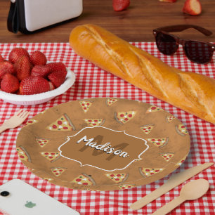Assiettes En Carton Cool pizza tranches vintage brun motif Monogramme