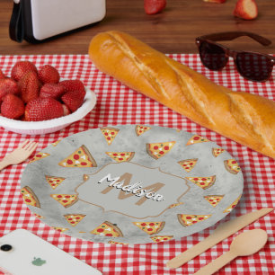 Assiettes En Carton Cool pizza tranches vintage gris motif Monogramme