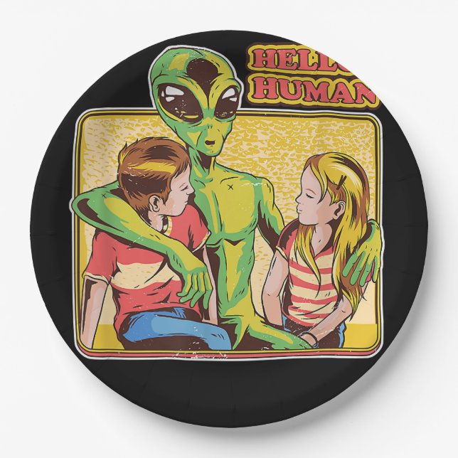 Assiettes En Carton Cool Retro Alien ET Hello Humains Espace extra-atm (Devant)