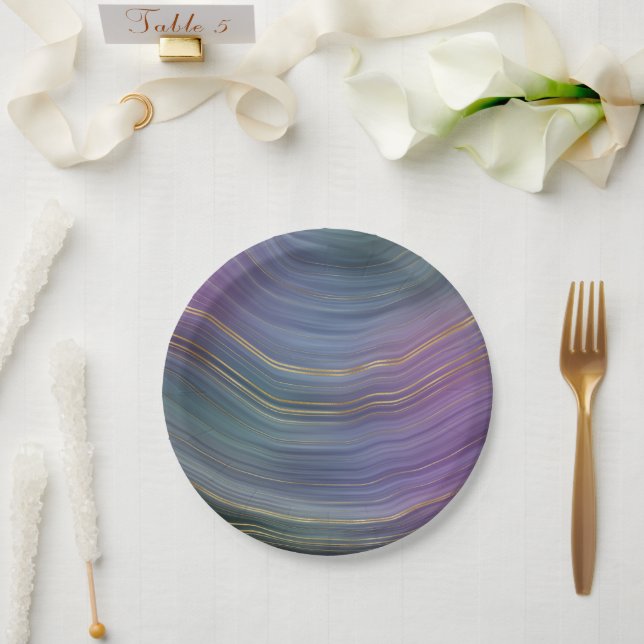 Assiettes En Carton Cool Strata | Belle Agate bleu violet et or (Mariage)