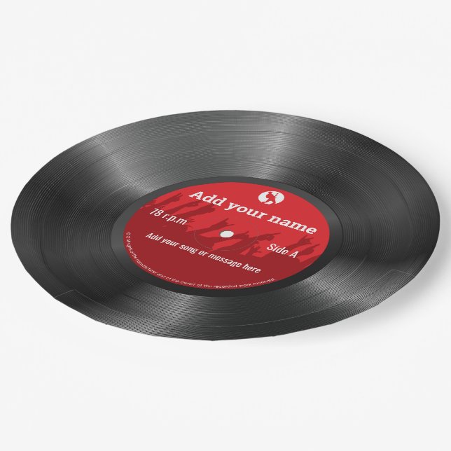 Assiettes En Carton Cool texte personnalisé, enregistrement de vinyle  (Angle)