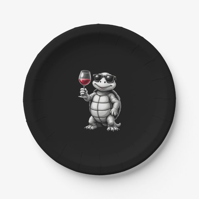 Assiettes En Carton cool turtle drinking red wine art print_1 (1) (Devant)