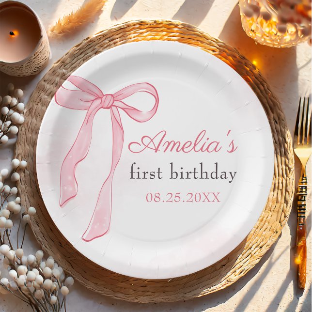 Assiettes En Carton Coquette Aquarelle rose mignonne Bow Anniversaire (Créateur téléchargé)