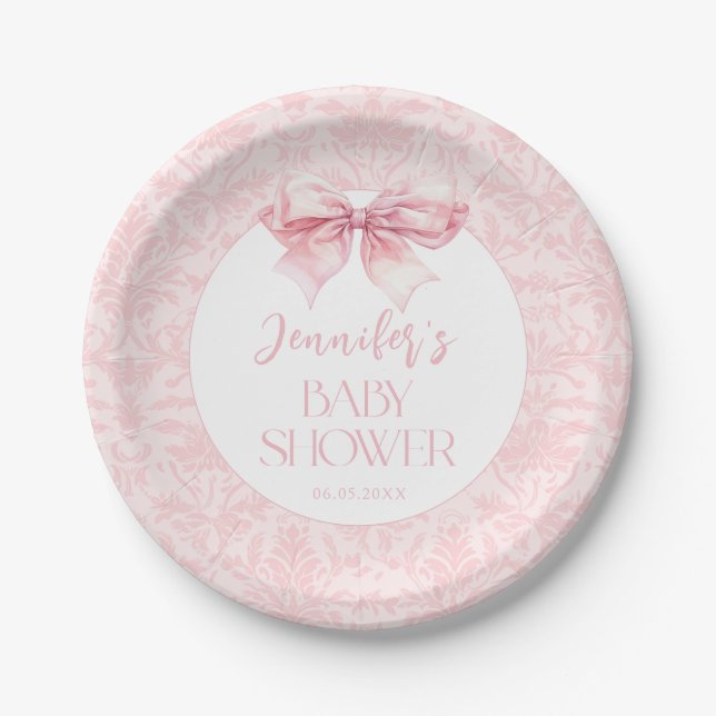Assiettes En Carton Coquette Blush Pink Bow Baby Girl Douche (Devant)