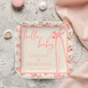 Assiettes En Carton Coquette Blush Pink Bow Floral Baby shower personn