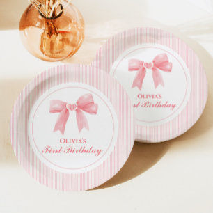 Assiettes En Carton Coquette Bow rose et rayures 1er anniversaire