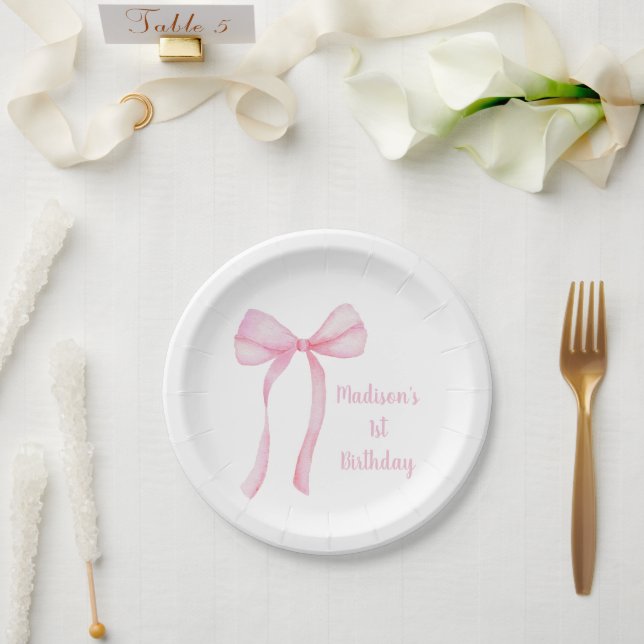 Assiettes En Carton Coquette Bow rose Premier anniversaire (Mariage)