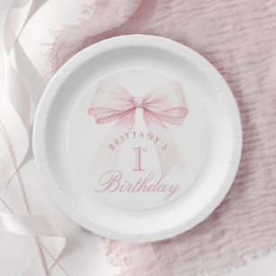 Assiettes En Carton Coquette Bow rose Premier anniversaire