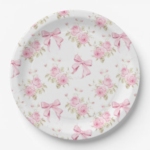 Assiettes En Carton Coquette Mariage Fête avec des Rubans Roses et des