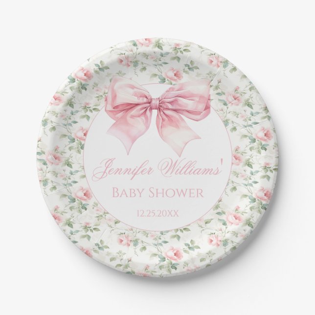 Assiettes En Carton Coquette rose arc ruban floral bébé fille douche (Devant)