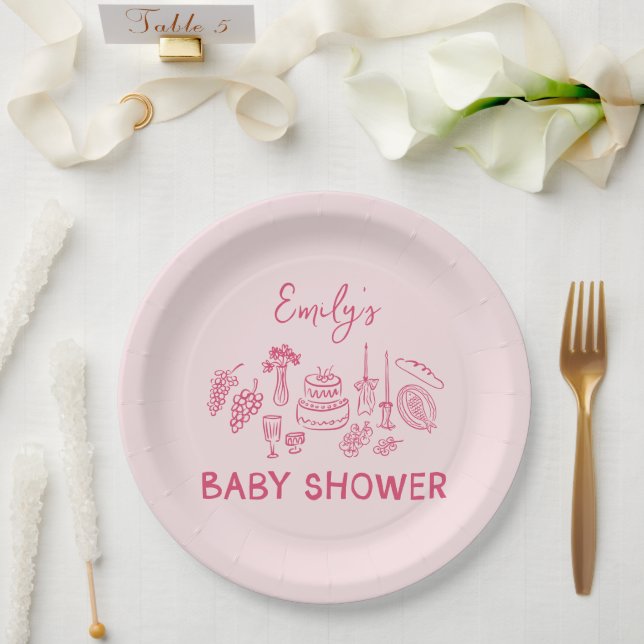 Assiettes En Carton Coquette rose baby shower à main moderne (Mariage)