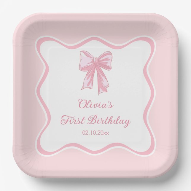 Assiettes En Carton Coquette rose Bow fête d'anniversaire (Recto)
