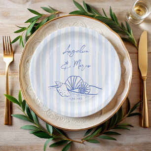 Assiettes En Carton Coquillages bleu ondulé bordé mariage de plage mon