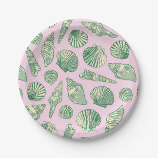 Assiettes En Carton Coquillages côtiers rose, vert et jaune