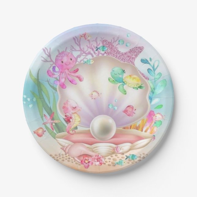 Assiettes En Carton Coquillages et perles Parti sous-marin (Devant)