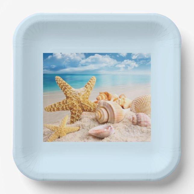 Assiettes En Carton Coquillages sur les plaques de papier de plage (Recto)