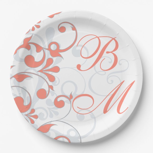 Assiettes En Carton Coral Grey Floral Monogramme Mariage Fête des mari (Devant)