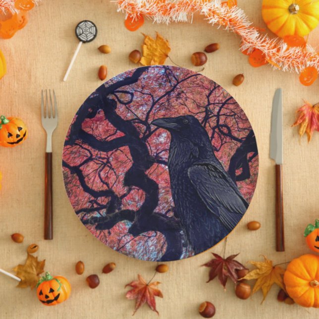 Assiettes En Carton Corbeau noir et érable gris japonais (In Situ Halloween)