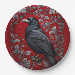 Assiettes En Carton Corbeau noir floral rouge inspiré de William Morri