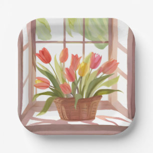 Assiettes En Carton Corbeille de tulipes Peinture de fenêtre à l'aqu