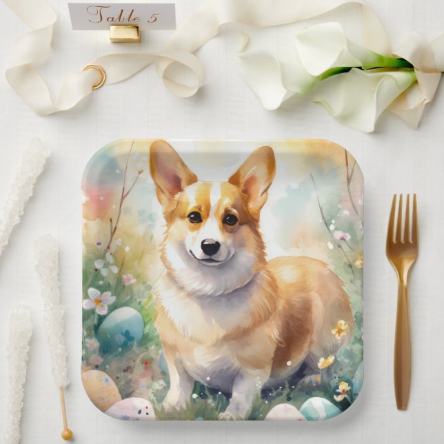 Assiettes En Carton Corgi avec les oeufs de Pâques (Mariage)