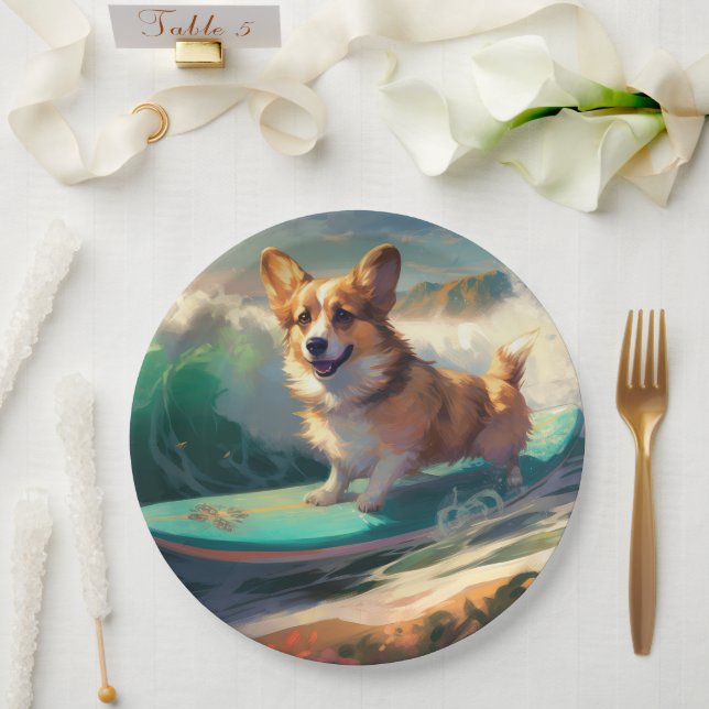 Assiettes En Carton Corgi Beach Surf Peinture (Mariage)