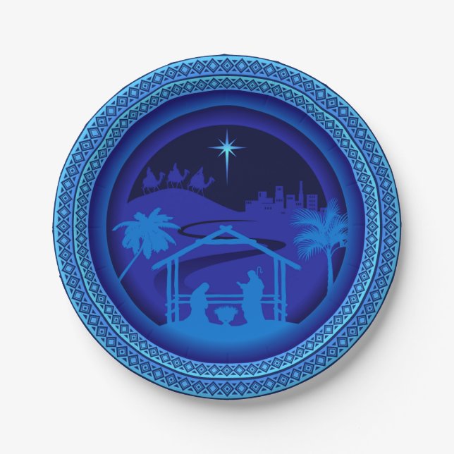 Assiettes En Carton Correspondance de la Nativité bleue Noël 7" (Devant)