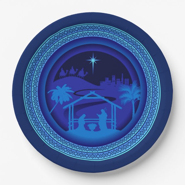 Assiettes En Carton Correspondance de la Nativité bleue Noël 9" (Devant)