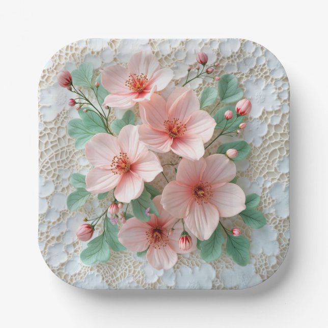 Assiettes En Carton Cosmos Rose Fleurs De Mariage Sur Dentelle (Recto)