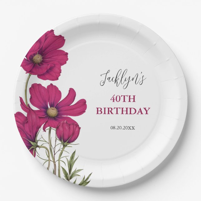 Assiettes En Carton Cosmos rose foncé Fleur de verdure Anniversaire (Devant)