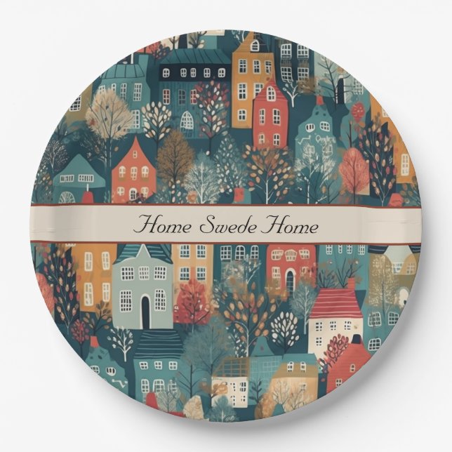 Assiettes En Carton Cosy Hygge Village Nordic Folk Art, personnalisé (Devant)