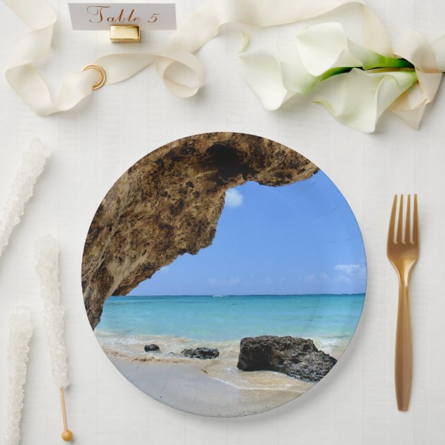 Assiettes En Carton Côte tropicale de plage avec un Big Rock (Mariage)