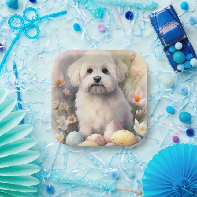 Assiettes En Carton Coton De Tulear avec oeufs de Pâques vacances (Fête)