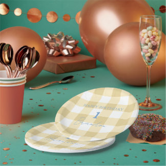 Assiettes En Carton Cottagecore Bleu Bébé Anniversaire à Carreaux