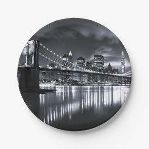 Assiettes En Carton Coucher de New York Pont de Brooklyn Monochrome Nu