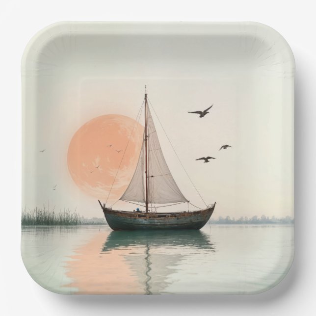 Assiettes En Carton Coucher De Soleil De Bateau Avec Mouettes (Recto)